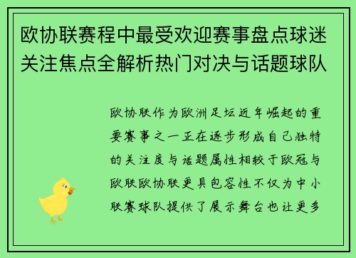 欧协联赛程中最受欢迎赛事盘点球迷关注焦点全解析热门对决与话题球队走势
